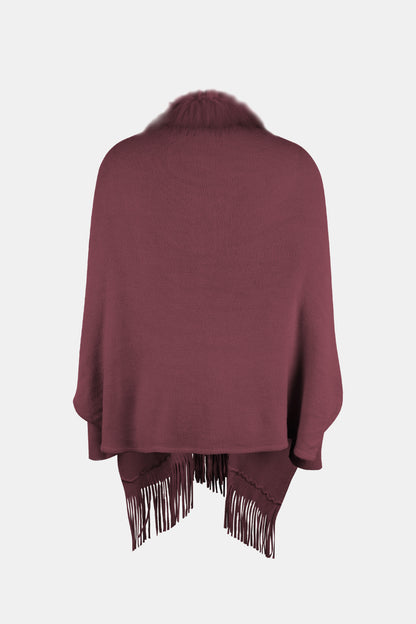 Fringe Open Front Long Sleeve Poncho - Fashion Finder Hub