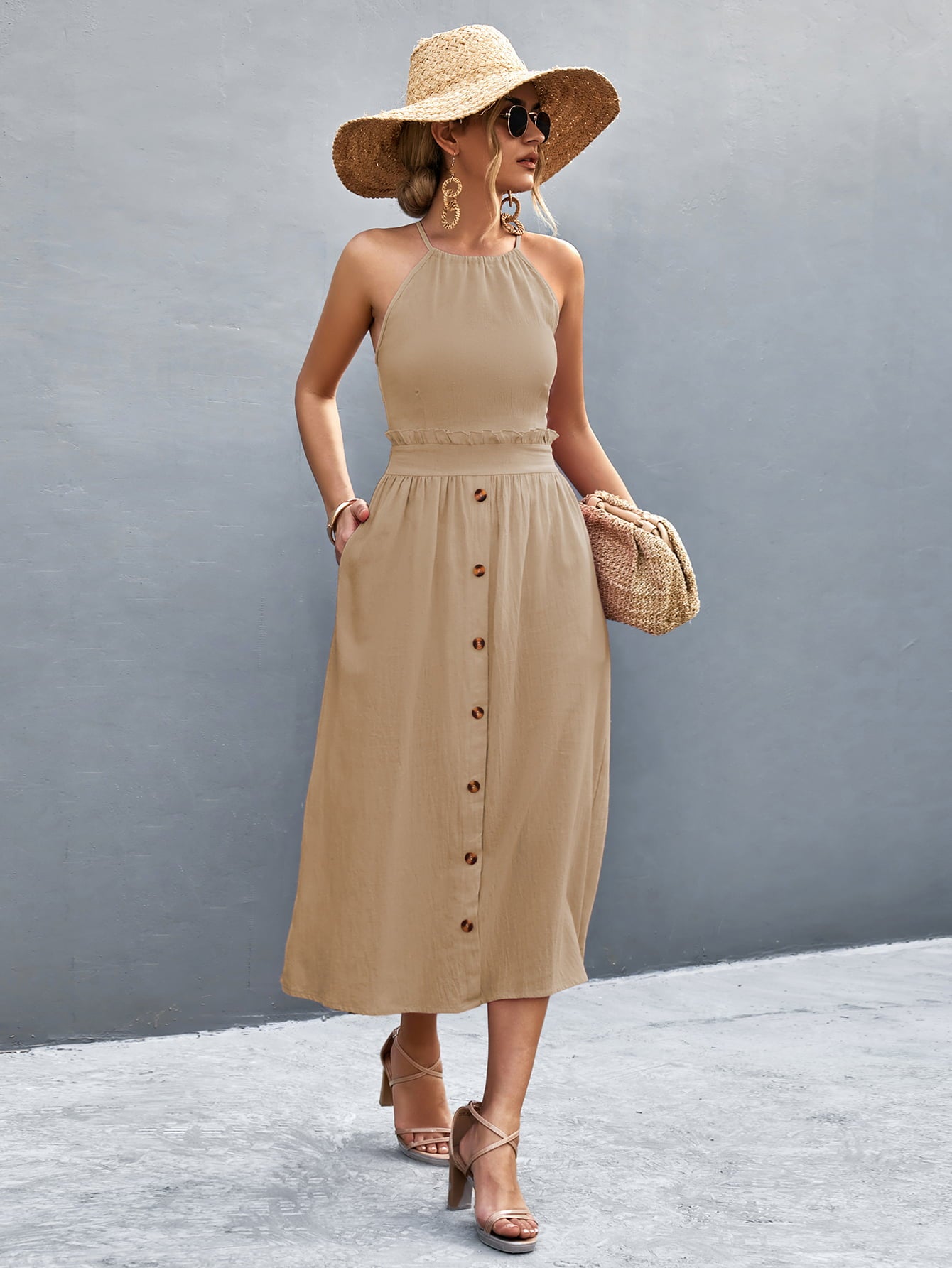 Buttoned Halter Neck Frill Trim Midi Dress - Fashion Finder Hub