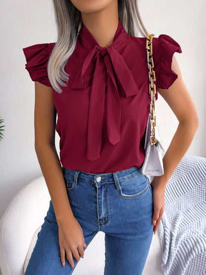 Tie  Neck Cap Sleeve Blouse - Fashion Finder Hub