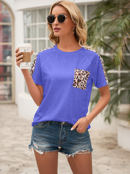 Pocketed Leopard Round Neck Short Sleeve T-Shirt - Fashion Finder Hub