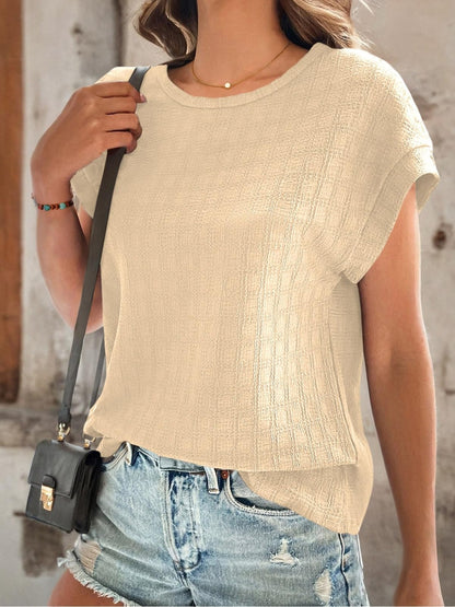 Textured Round Neck Short Sleeve Top - Fashion Finder Hub