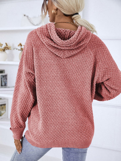 Texture Drawstring Long Sleeve Hooded Sweater - Fashion Finder Hub