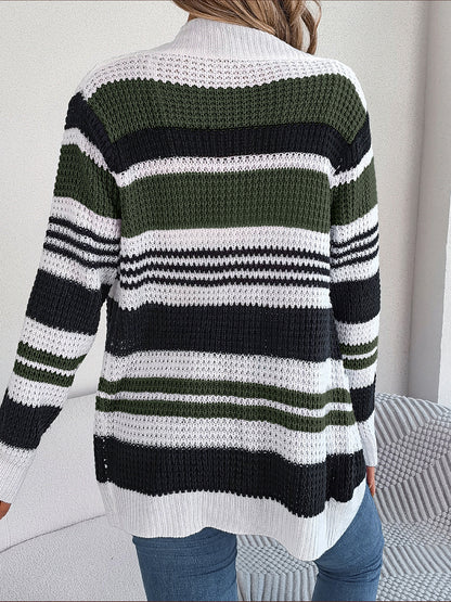 Striped Open Front Long Sleeve Cardigan - Fashion Finder Hub