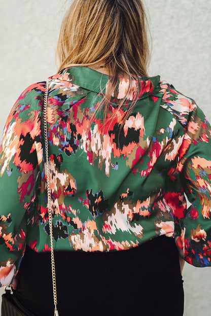 Plus Size Printed Johnny Collar Long Sleeve Blouse - Fashion Finder Hub
