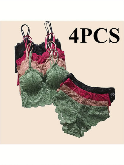 Lace Bra + Panty Removable Bra Sets (4 pcs)