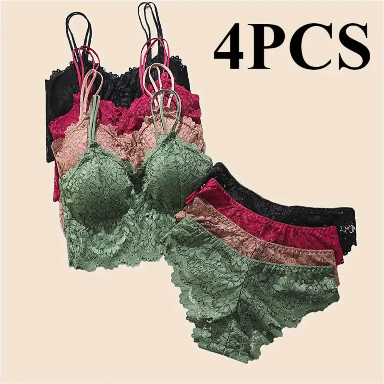 Lace Bra + Panty Removable Bra Sets (4 pcs)