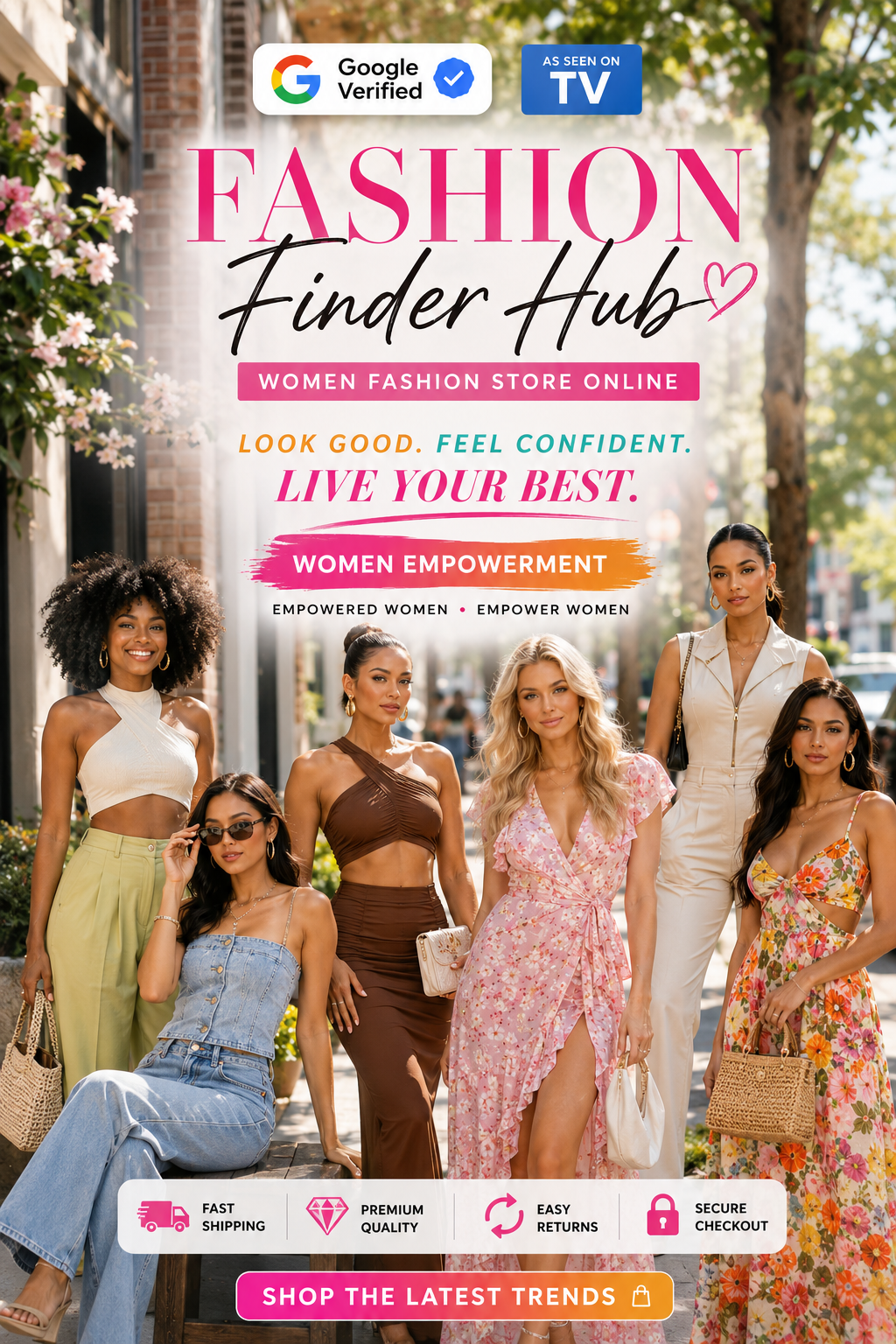 Advertisement for Fashion Finder Hub featuring women in stylish outfits with a city street background.