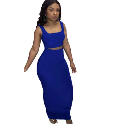 Solid Tank Cropped Top & Hips Enhancement Maxi Skirt Set (2pcs.)