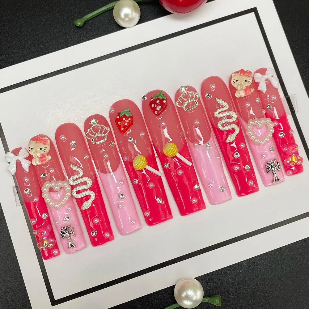 Custom Elegant 3D Decoration Ballerina Wearable Artificial Handmade Press on Nails 10PCS Hand Paint Trapezoid Nails Art Manicure