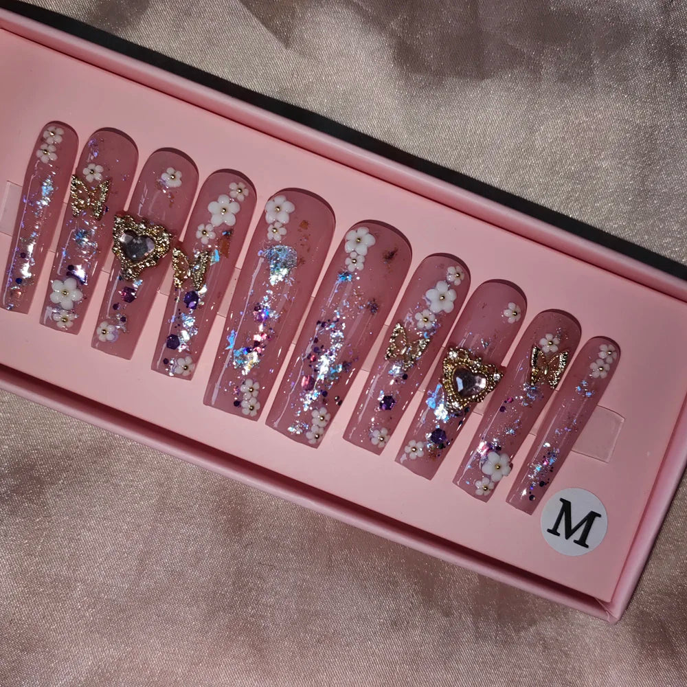Wholesale Handmade Short Artificial Acrylic French Press Nails Luxury Coffin Style False Nail Tips Rhinestones for Fingers Salon