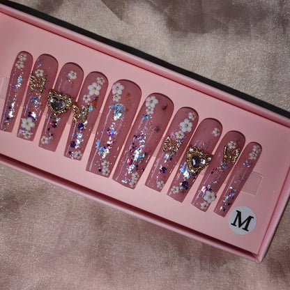 Wholesale Handmade Short Artificial Acrylic French Press Nails Luxury Coffin Style False Nail Tips Rhinestones for Fingers Salon