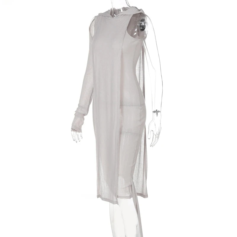 Ribbed Hooded One Sleeve Knit Asymmetric Midi Dresses Baddie Clothes