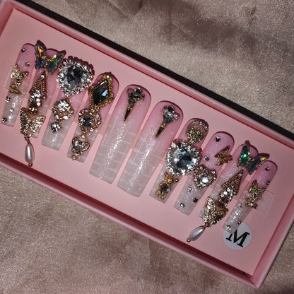 Wholesale Handmade Short Artificial Acrylic French Press Nails Luxury Coffin Style False Nail Tips Rhinestones for Fingers Salon