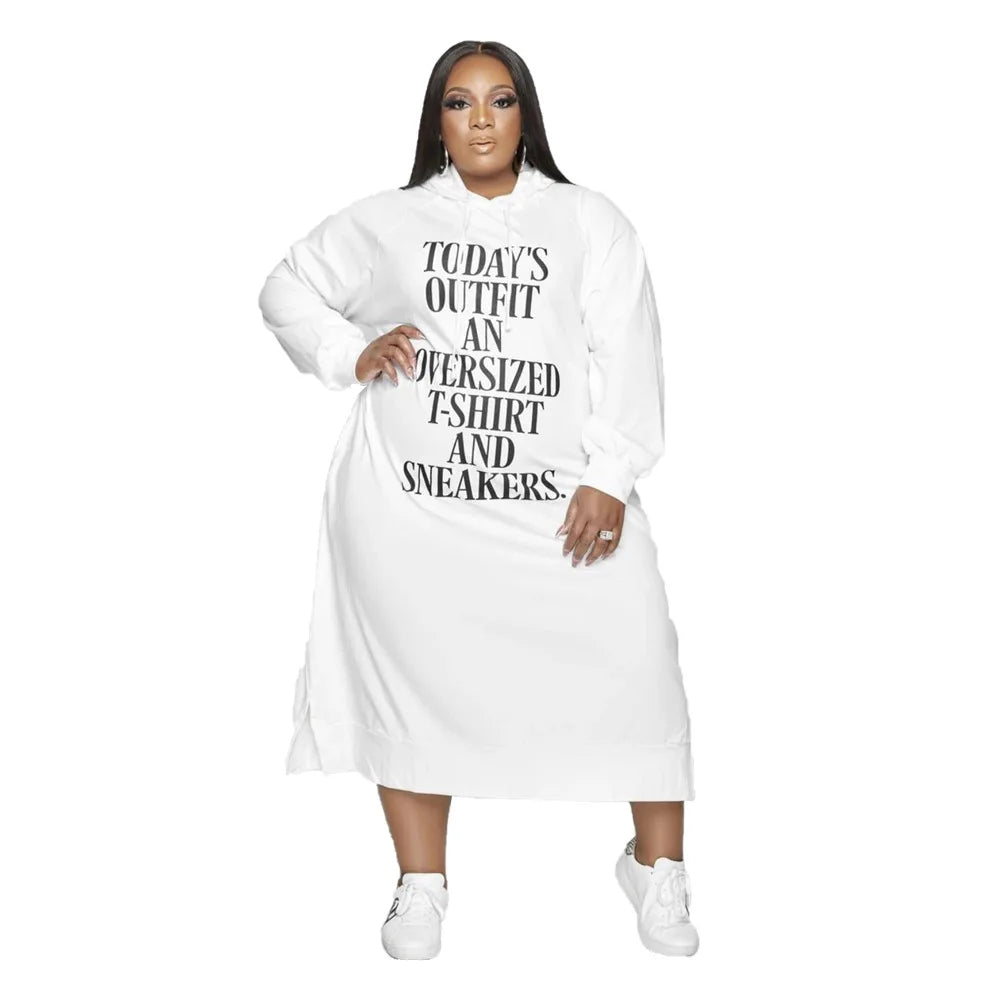 L-5xl Hoodies Letter Print Loose Dress Pockets Maxi Dresses