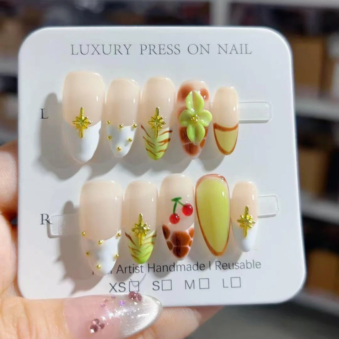 Hot Sale 3D Handmade 10pcs ABS Almond Design Press-On False Nails Fashionable Model Custom Flower Carving Soft Material