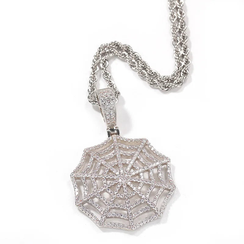 Claw Setting AAA+ CZ Stone Paved Bling Iced Out Spider Web Pendants Necklaces