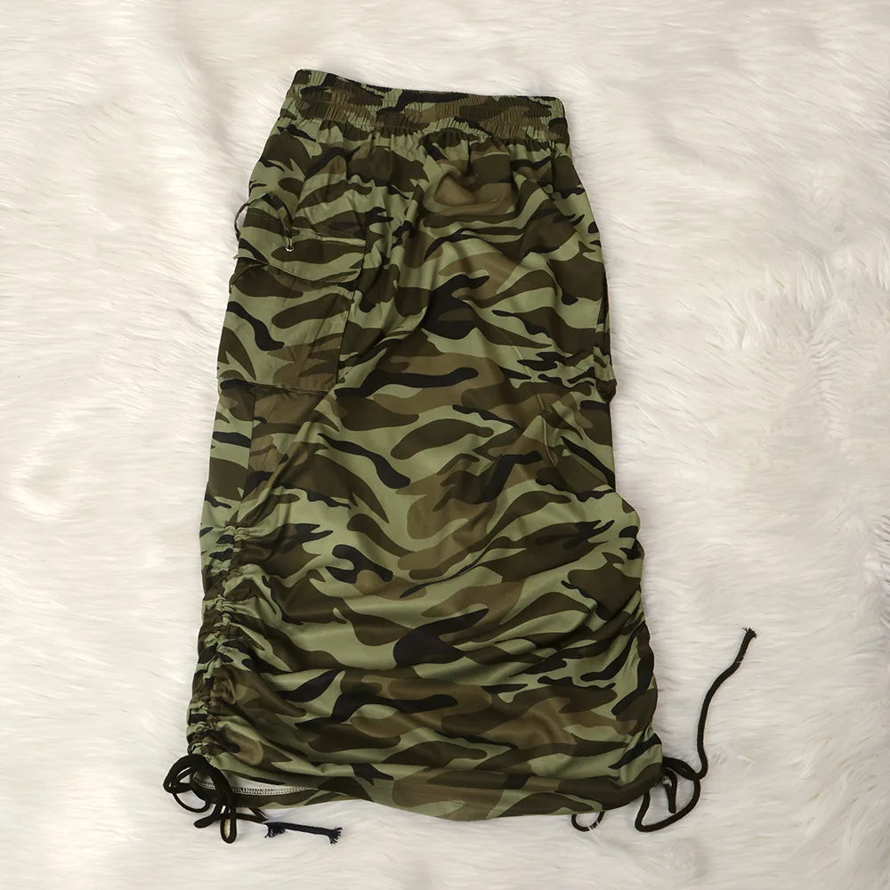 Conye Drawstring Ruched High Waist Midi Skirts (Camouflage/Newspaper)