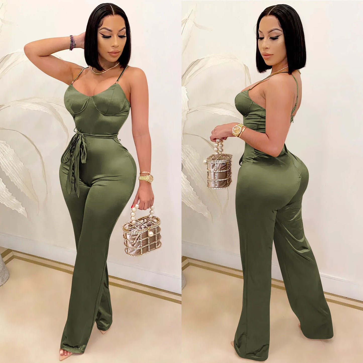 Spaghetti Strap Sleeve Straight Jumpsuits