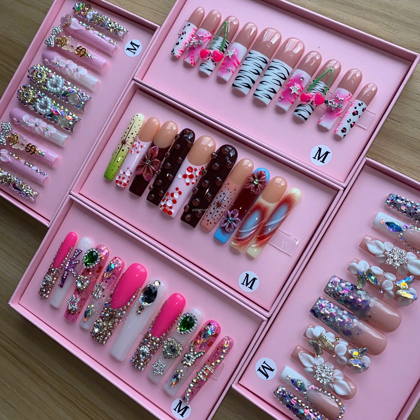 Wholesale Handmade Short Artificial Acrylic French Press Nails Luxury Coffin Style False Nail Tips Rhinestones for Fingers Salon