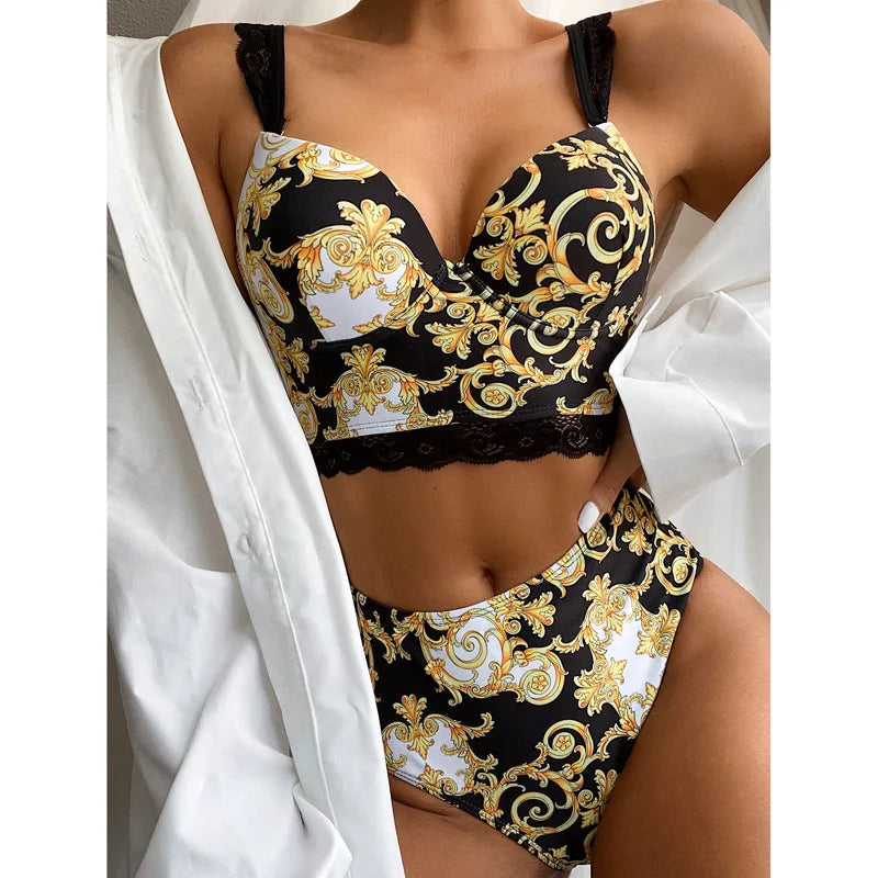 Printed Push Up High Waist Bikini Set