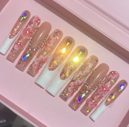 Exclusive Elegant French Design Private Label Short Matte Handmade Press Nails Fake Full Cover Rhinestone Acrylic Artificial