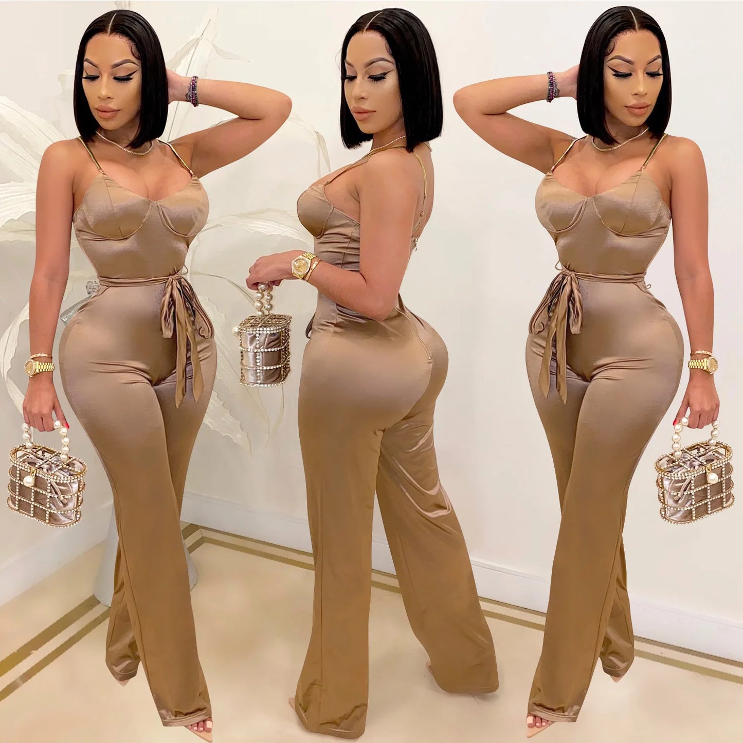 Spaghetti Strap Sleeve Straight Jumpsuits