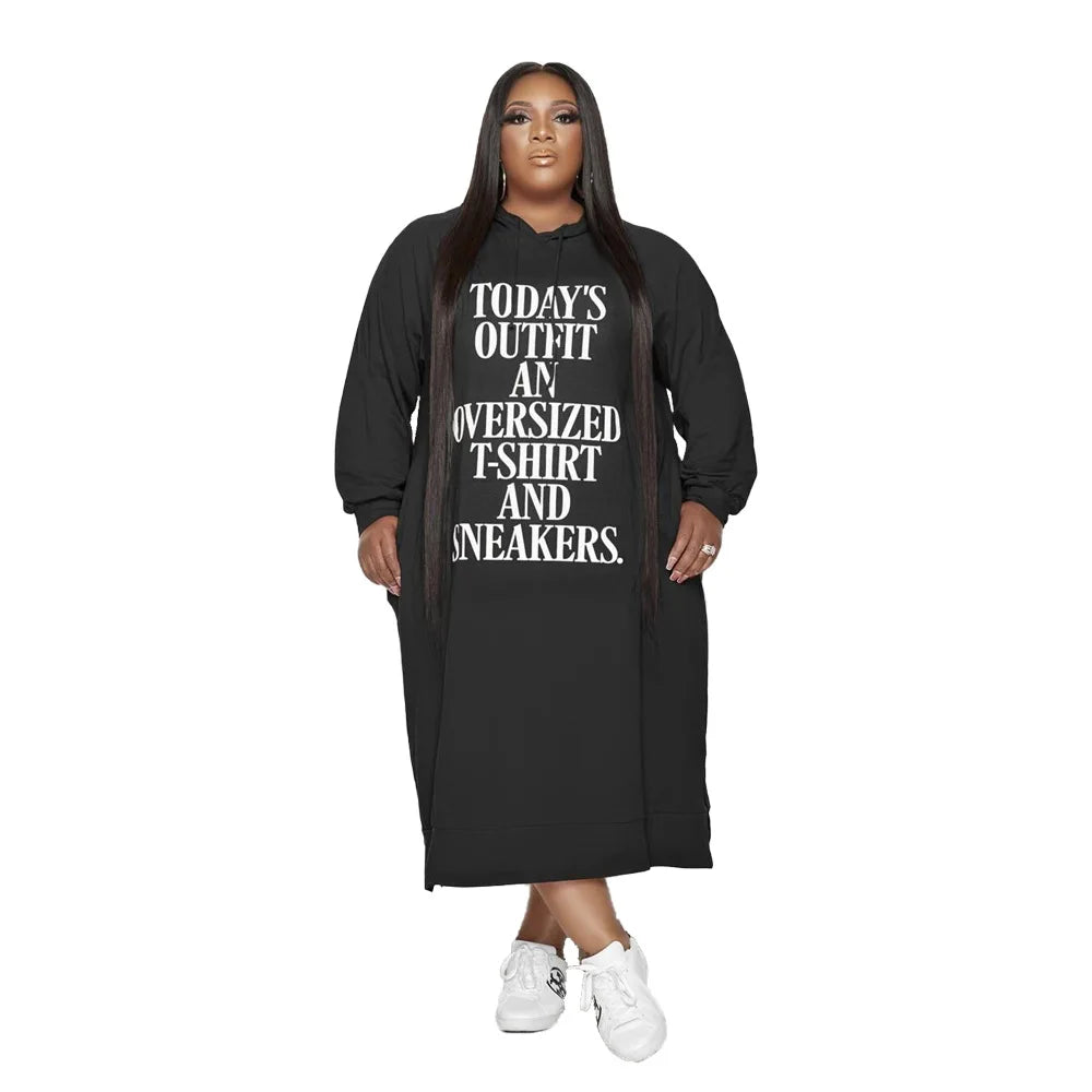 L-5xl Hoodies Letter Print Loose Dress Pockets Maxi Dresses