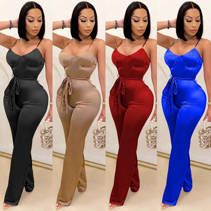 Spaghetti Strap Sleeve Straight Jumpsuits