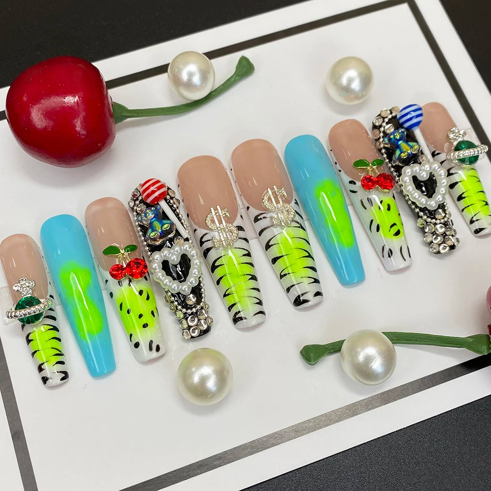 Wholesale Best Quality Durable Acrylic Handmade False Press on Nails 10PCS Luxury Long Ballerina Artificial Fingernail with Glue