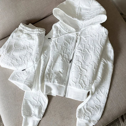 Letter Print Long Sleeve Hoodie with Zipper and Drawstring Short Sets