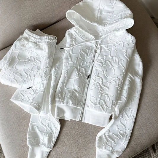 Letter Print Long Sleeve Hoodie with Zipper and Drawstring Short Sets