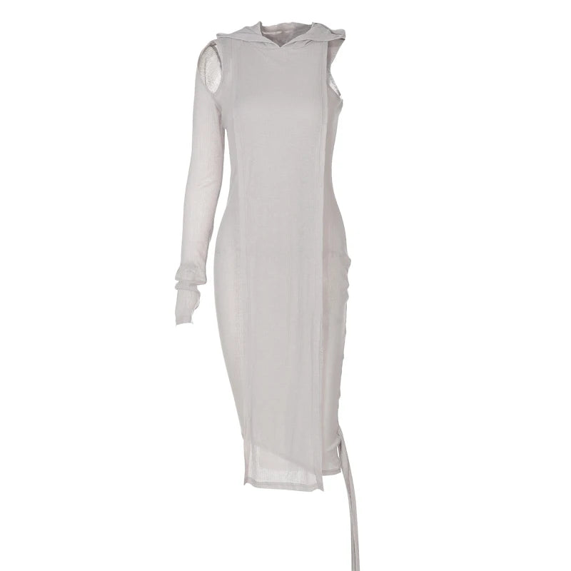 Ribbed Hooded One Sleeve Knit Asymmetric Midi Dresses Baddie Clothes