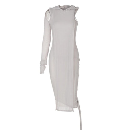 Ribbed Hooded One Sleeve Knit Asymmetric Midi Dresses Baddie Clothes