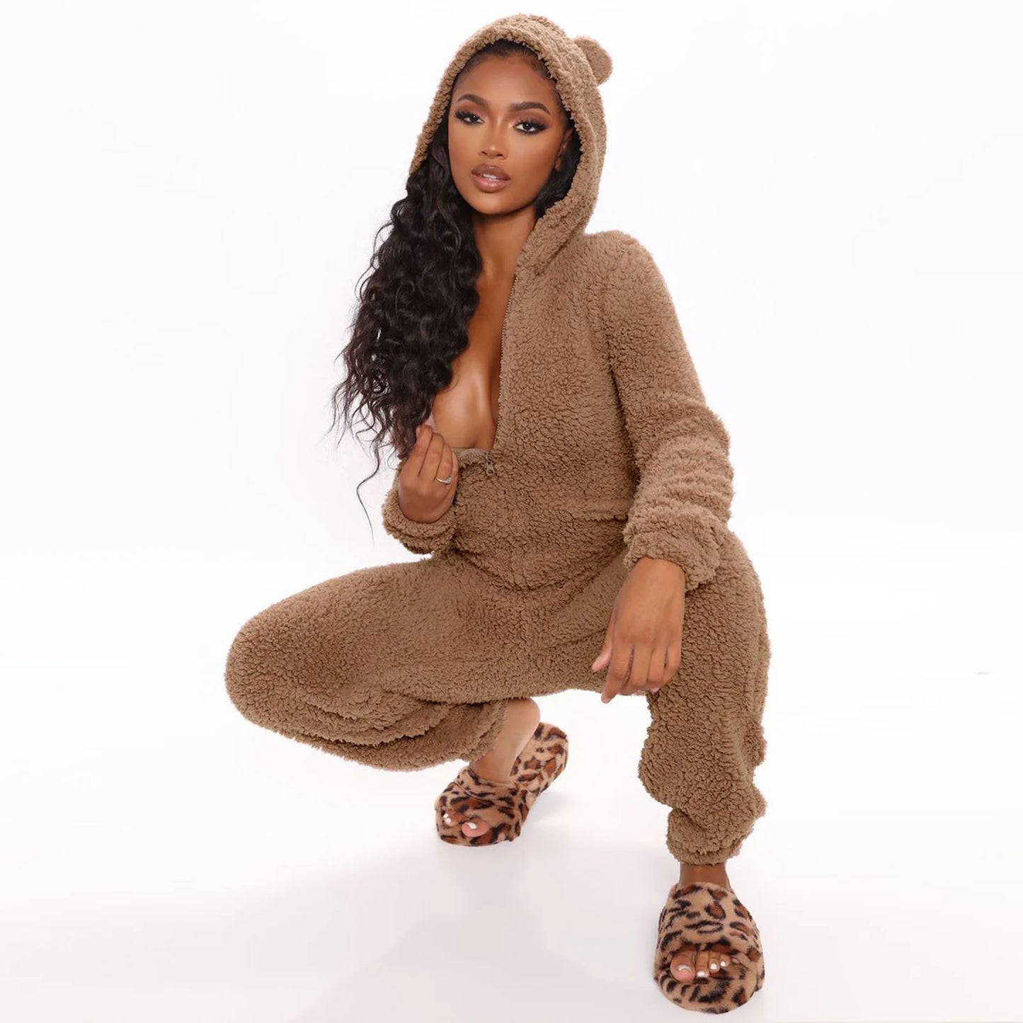 Winter Loungewear Plus Size Fleece Pajama Zipper Hoodie Sleepwear Onesie Pajamas Jumpsuits a Thick Slim-fit Winter Adult Onesie