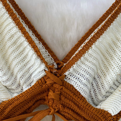 Vacation-style Lace-up V-neck Bell-sleeve Cropped Top + Knit Skirt (Two Piece Set)