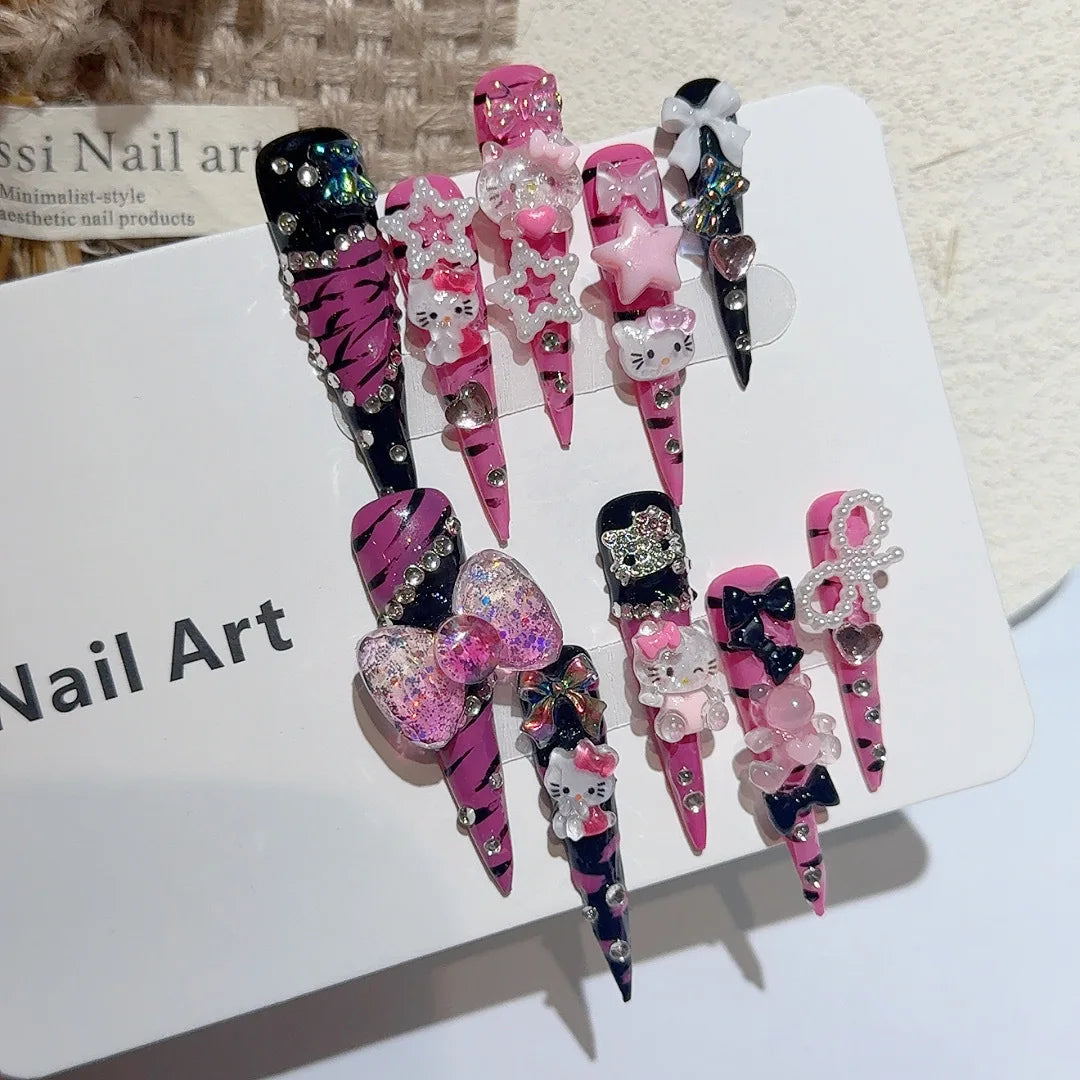 5.0 Extra-long Stiletto Hand-painted Zebra-print Kt Glam Girl Wearable Nails, High-end Personalized European/american Style,