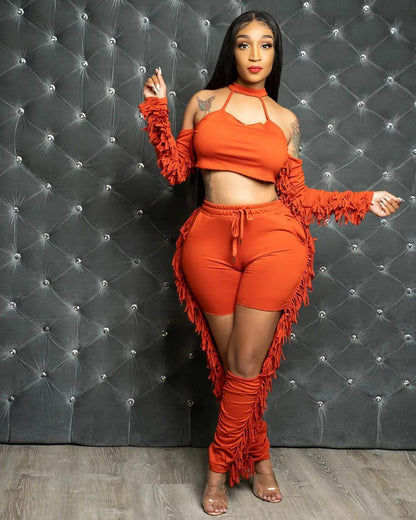 Fall Tassel Splicing Women's Set Draped Long Sleeve Crop Tops + Cut Out Pant Sets