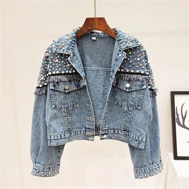 Gracie Hand-studded Pearls Punk Loose Short Jeans Coats