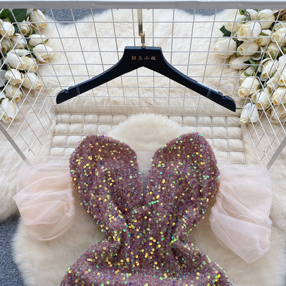 Puff Sleeveless Midi Dresses (Sequined)