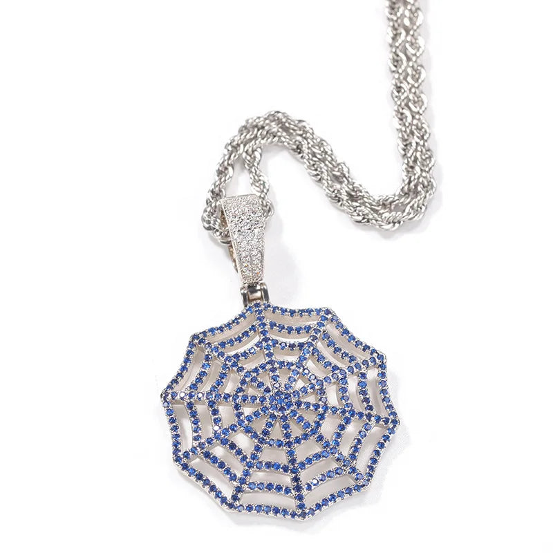 Claw Setting AAA+ CZ Stone Paved Bling Iced Out Spider Web Pendants Necklaces