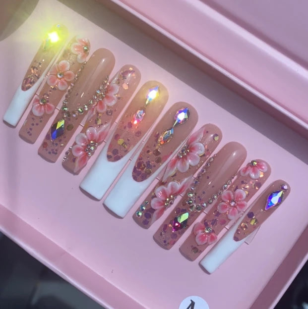 Exclusive Elegant French Design Private Label Short Matte Handmade Press Nails Fake Full Cover Rhinestone Acrylic Artificial