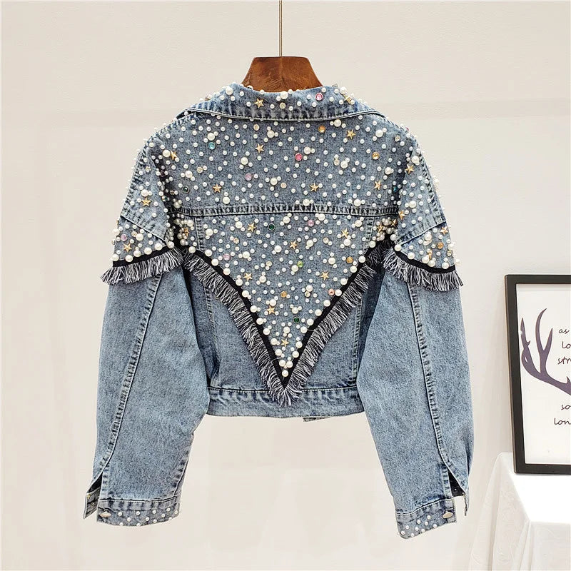 Gracie Hand-studded Pearls Punk Loose Short Jeans Coats