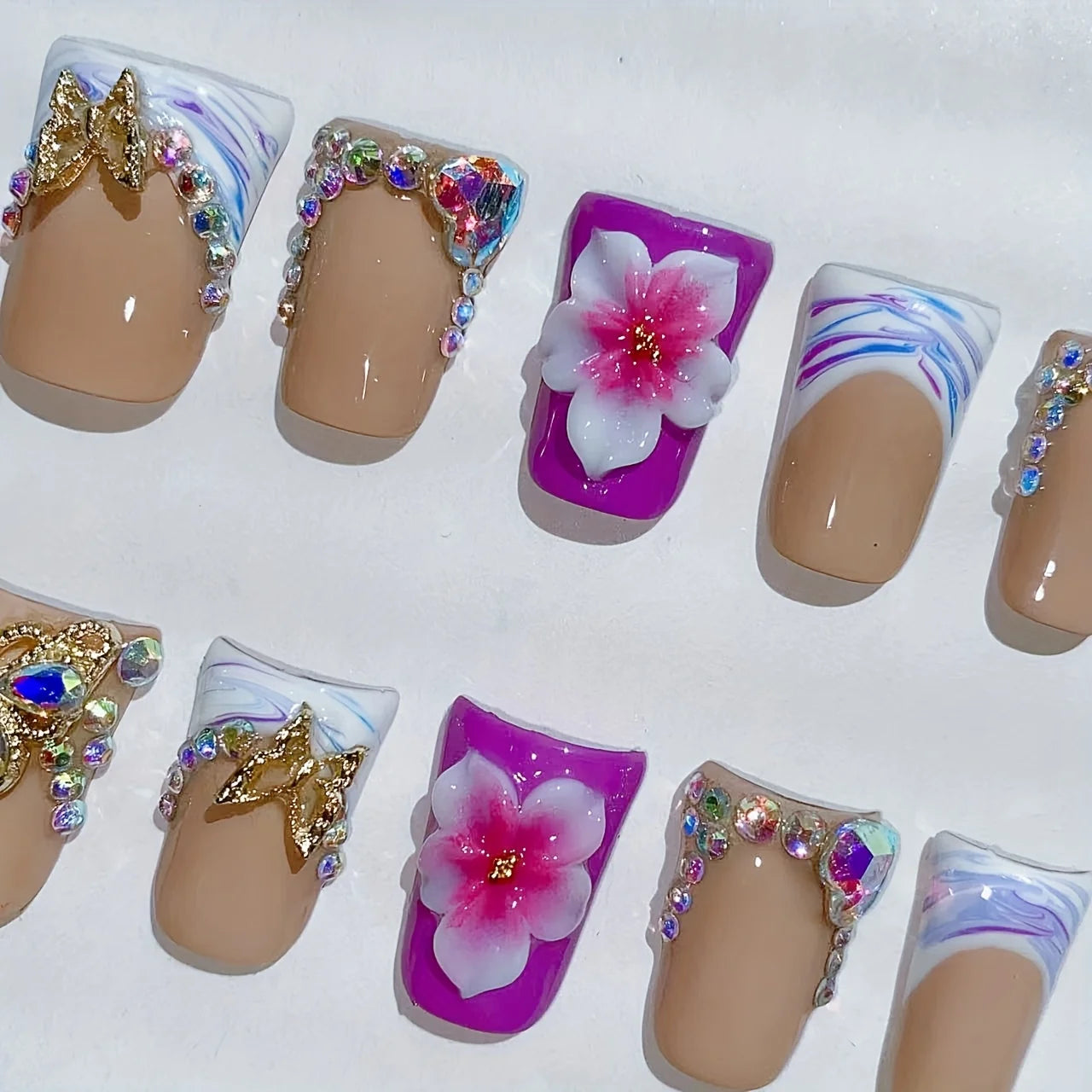 Wholesale Handmade Short Artificial Acrylic French Press Nails Luxury Coffin Style False Nail Tips Rhinestones for Fingers Salon