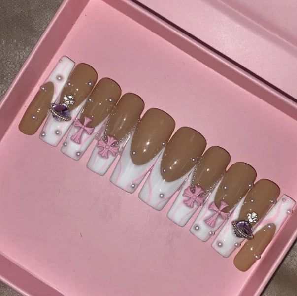 Exclusive Elegant French Design Private Label Short Matte Handmade Press Nails Fake Full Cover Rhinestone Acrylic Artificial