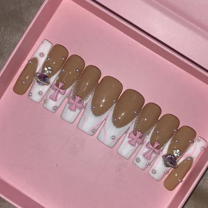 Exclusive Elegant French Design Private Label Short Matte Handmade Press Nails Fake Full Cover Rhinestone Acrylic Artificial