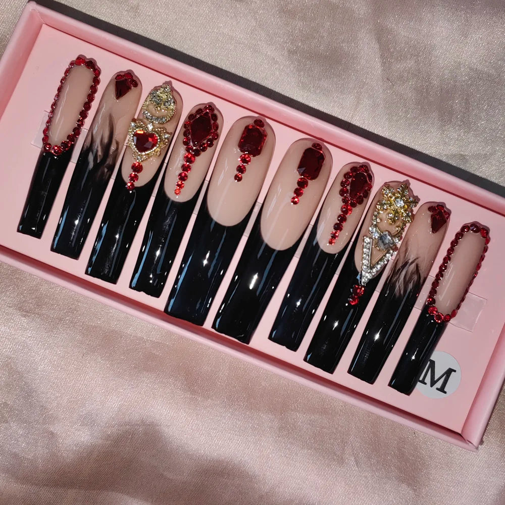 Wholesale Handmade Short Artificial Acrylic French Press Nails Luxury Coffin Style False Nail Tips Rhinestones for Fingers Salon