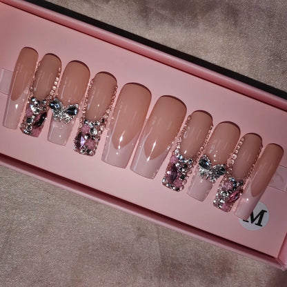 Wholesale Handmade Short Artificial Acrylic French Press Nails Luxury Coffin Style False Nail Tips Rhinestones for Fingers Salon