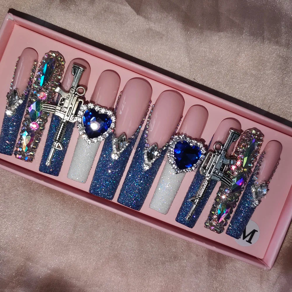 Wholesale Handmade Short Artificial Acrylic French Press Nails Luxury Coffin Style False Nail Tips Rhinestones for Fingers Salon