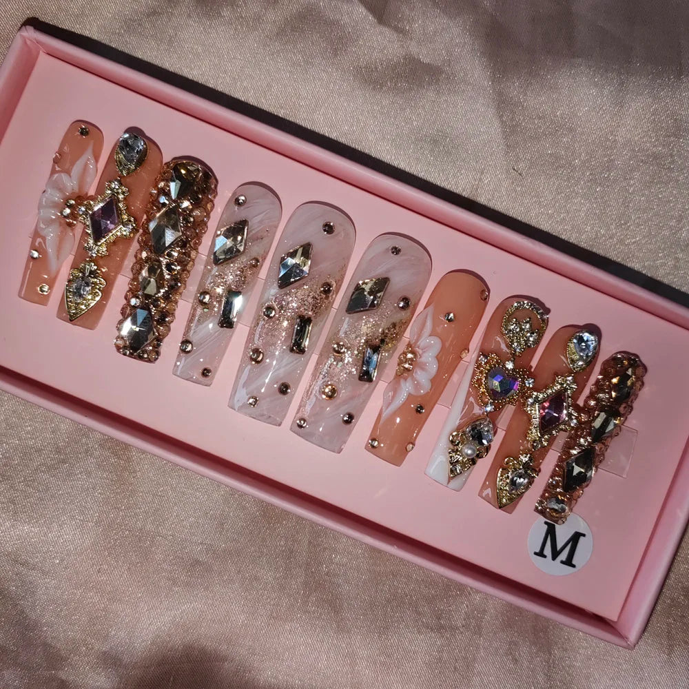Wholesale Handmade Short Artificial Acrylic French Press Nails Luxury Coffin Style False Nail Tips Rhinestones for Fingers Salon
