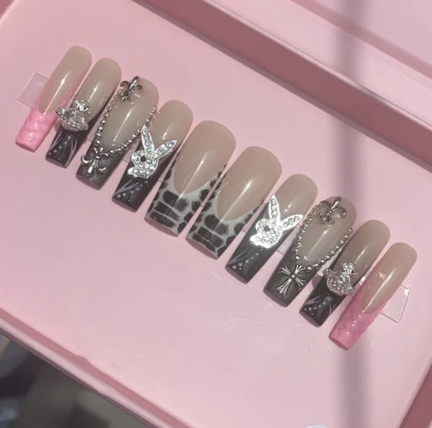 Exclusive Elegant French Design Private Label Short Matte Handmade Press Nails Fake Full Cover Rhinestone Acrylic Artificial